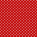 A flat sample of Polka Dots Printed Spandex with quarter inch white dots on a red background.