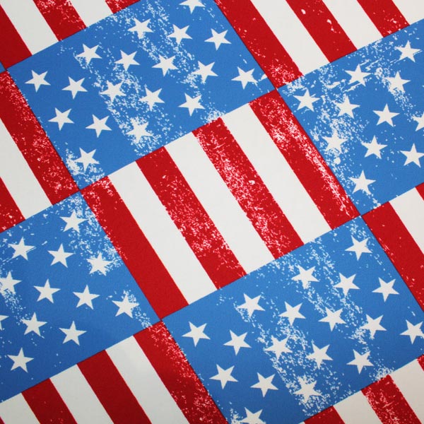 A flat sample of USA Flag Printed Spandex available at Blue Moon Fabrics.