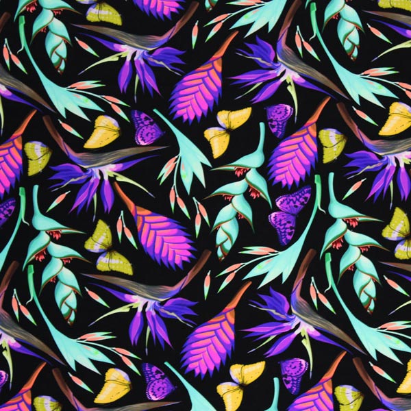 A flat sample of Butterflies Birds of Paradise Printed Spandex.