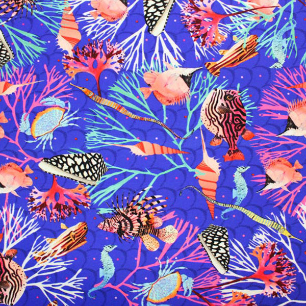 A flat sample of Puffer Fish Crabs Printed Spandex.