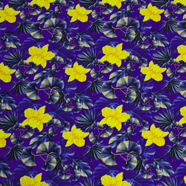 A flat sample of Yellow Purple Carnation Printed Spandex.