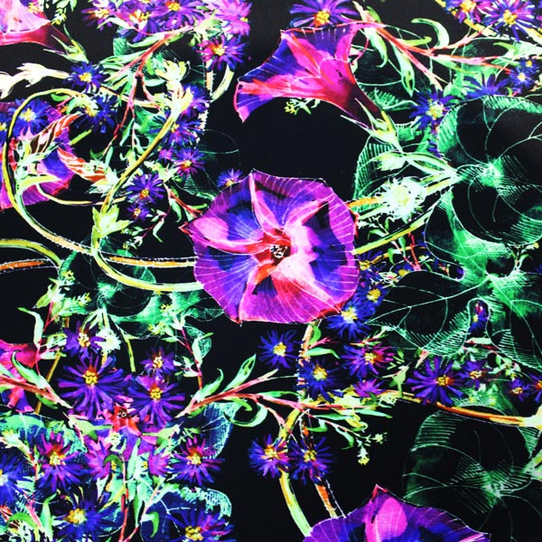 A flat sample of Digital Blooms Printed Spandex.