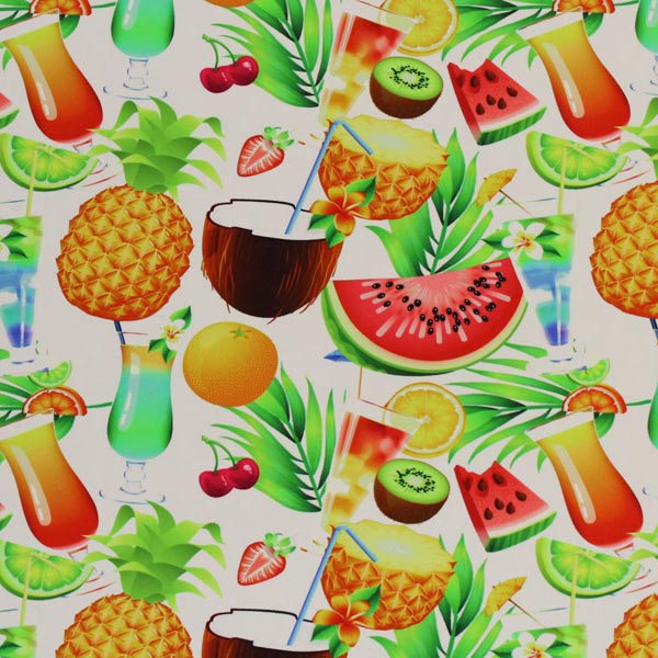 A flat sample of Fruit Cocktails Printed Spandex.