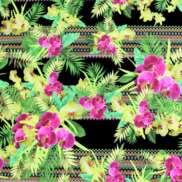 A flat sample of Orchids Navajo Stripe Printed Spandex.