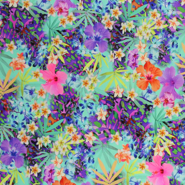 A flat sample of Multi Color Flower Arrangement Printed Spandex.