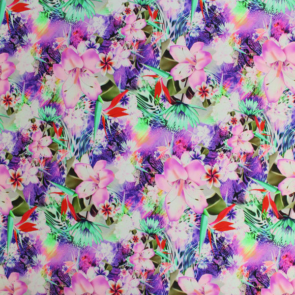 A flat sample of Wild Tropical Flowers Printed Spandex.