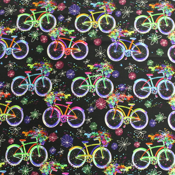 A flat sample of Bicycles Multi Color Printed Spandex.