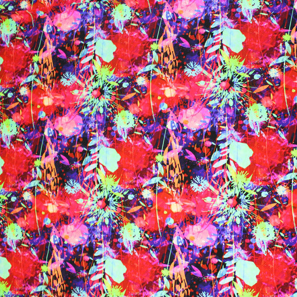 A flat sample of Flowers and Paint Splatters Printed Spandex.
