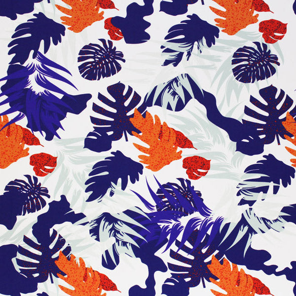 A flat sample of Purple and Orange Philodendron Printed Spandex.