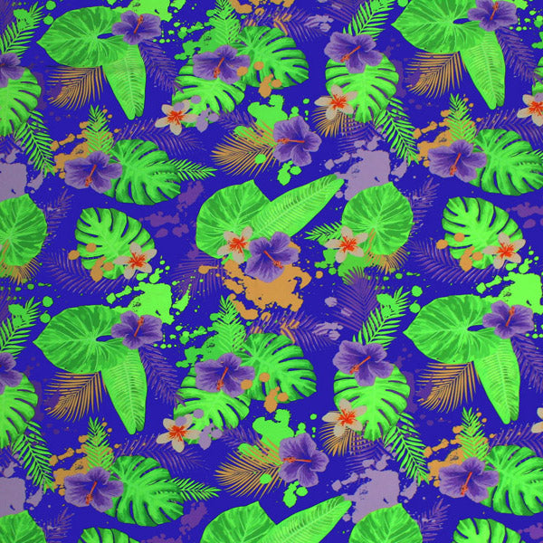 A flat sample of Hibiscus and Palms Printed Spandex.