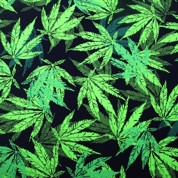 A flat sample of Cannabis Leaf Printed Spandex.