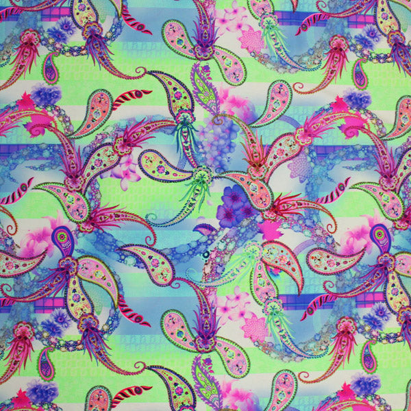A flat sample of Paisley Floral Multi Color Printed Spandex.