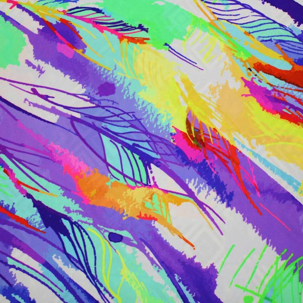 A flat sample of Multi Feather Neon Printed Spandex.