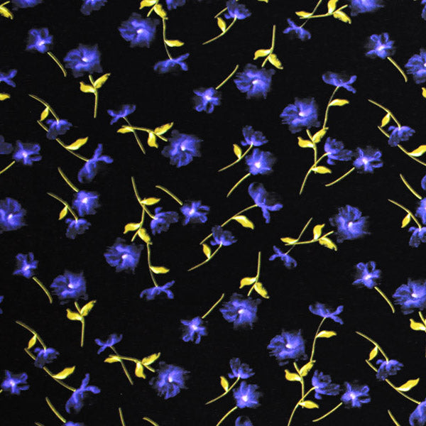 A flat sample of Purple Flowers in the Abyss Printed Spandex.