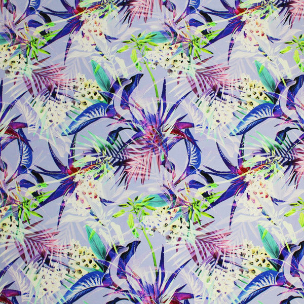 A flat sample of Tropical Flowers and Palms Printed Spandex.
