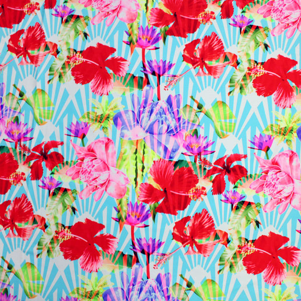 A flat sample of Hibiscus Under Palms Printed Spandex.