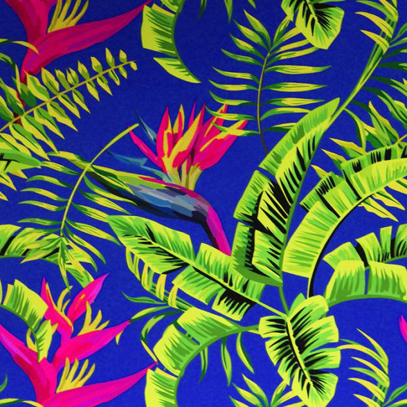 A flat sample of paradise on blue printed spandex.