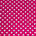 A flat sample of Polka Dots Printed Spandex with quarter inch white dots on a Pink background.
