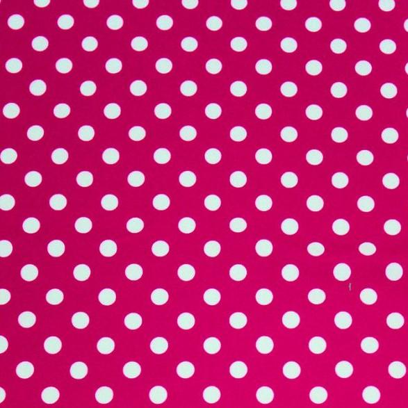 A flat sample of Polka Dots Printed Spandex with quarter inch white dots on a Pink background.