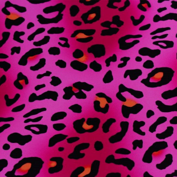A flat sample of cheetah-licious printed spandex.