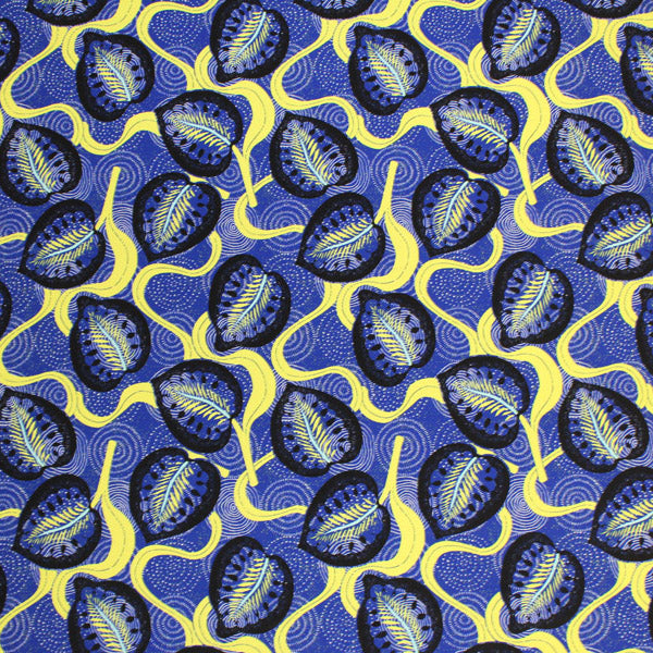 A flat sample of Blue and Yellow Leaves Printed Spandex.