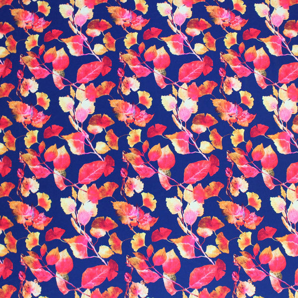 A flat sample of Autumn Navy Rust Leaves Printed Spandex.