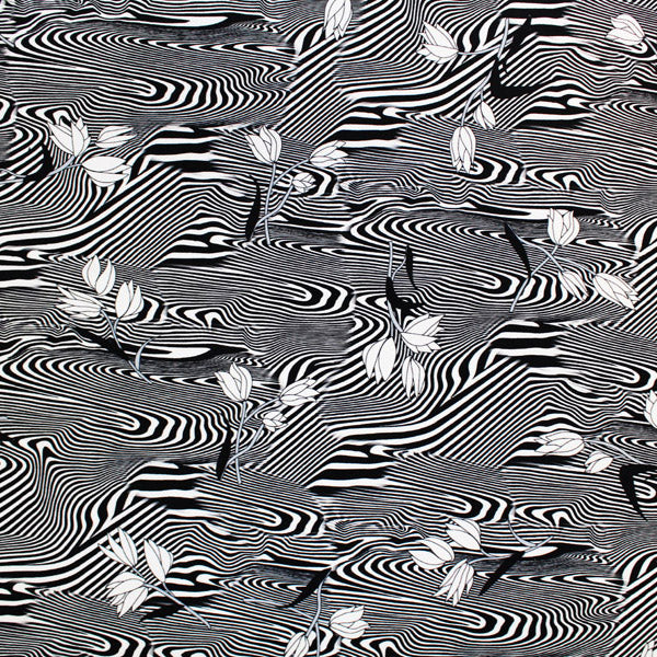 A flat sample of Striped Swirl with Flowers Printed Spandex.