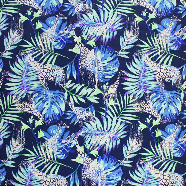A flat sample of Giraffes and Areca Palms Printed Spandex.
