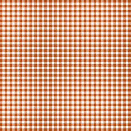 A flat sample of Gingham Printed Spandex with quarter inch squares in the colors Copper and White.