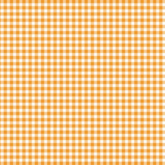 A flat sample of Gingham Printed Spandex with quarter inch squares in the colors Medallion and White.