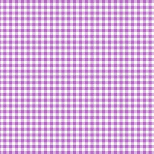 A flat sample of Gingham Printed Spandex with quarter inch squares in the colors Spring Fairy and White.