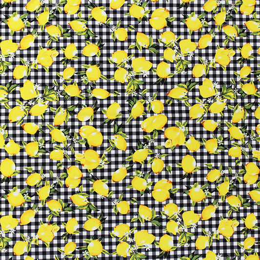 A flat sample of Lemons Black Gingham Printed Spandex.
