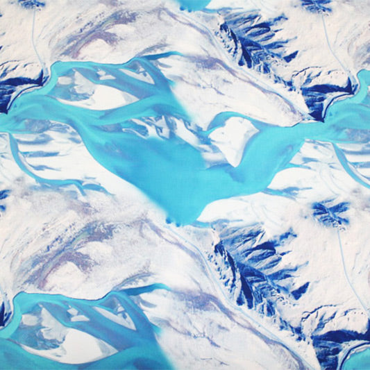 A flat sample of Ice Glacier Ocean Printed Spandex.
