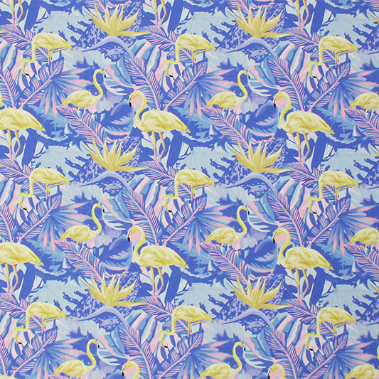 A flat sample of Pastel Flamingos and Palms Printed Spandex.