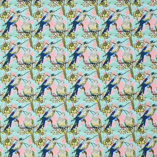 A flat sample of Parakeets on Branches Printed Spandex.