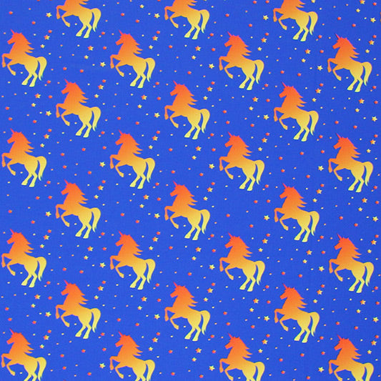 A flat sample of Unicorns Yellow Orange Printed Spandex available at Blue Moon Fabrics.