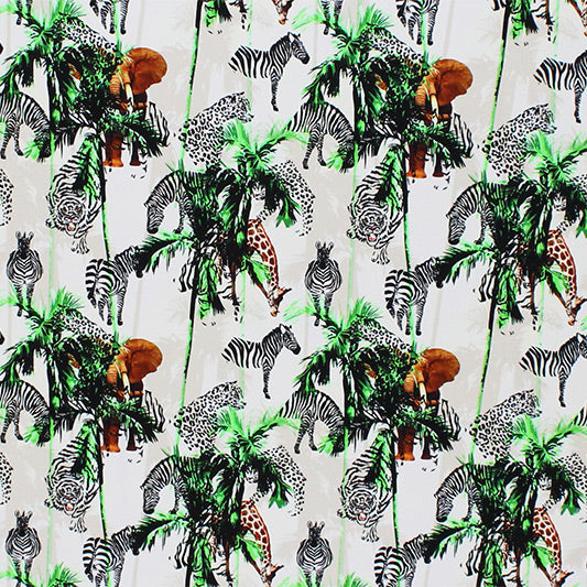 A flat sample of Zebra and Tiger Palm Tree Safari Printed Spandex.