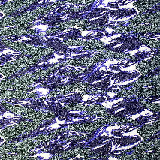 A flat sample of Abstract Topographic Printed Spandex in the colors Blue and Mint.