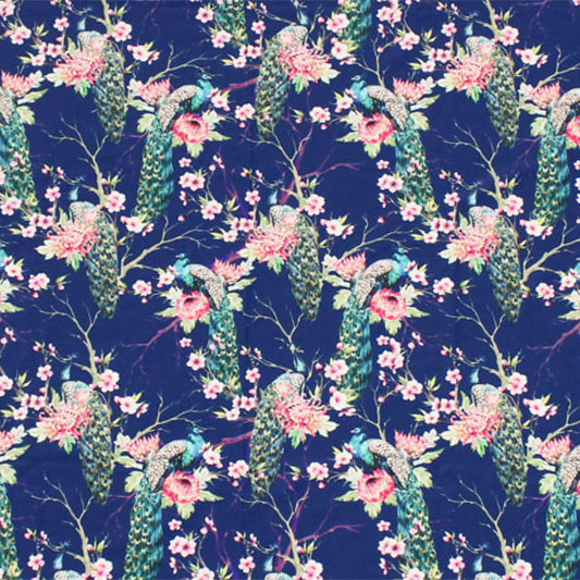 A flat sample of Peacocks on Branches Printed Spandex.