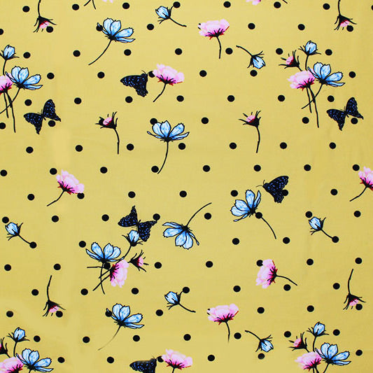 A flat sample of Yellow Polka Dot Butterfly Printed Spandex.