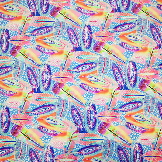 A flat sample of Neon Feathers Printed Spandex.