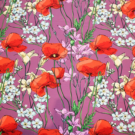 A flat sample of Drawn Poppies Printed Spandex.