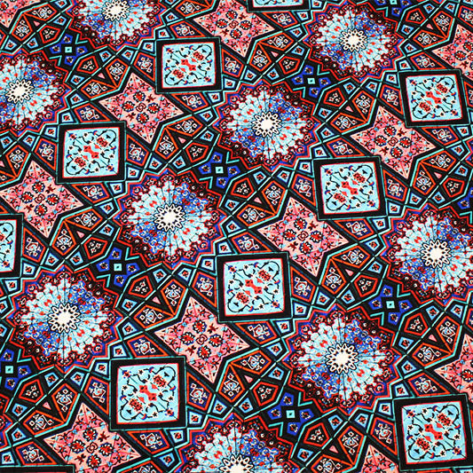 A flat sample of Geometric Kaleidoscope Printed Spandex.