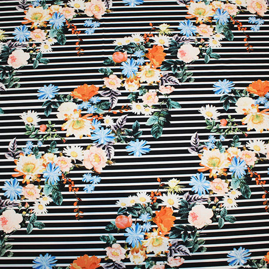 A flat sample of Bouquets on Stripes Printed Spandex.