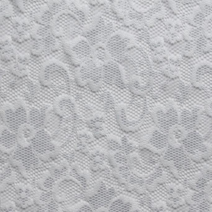 A flat sample of nadia scalloped stretch lace in the color white.