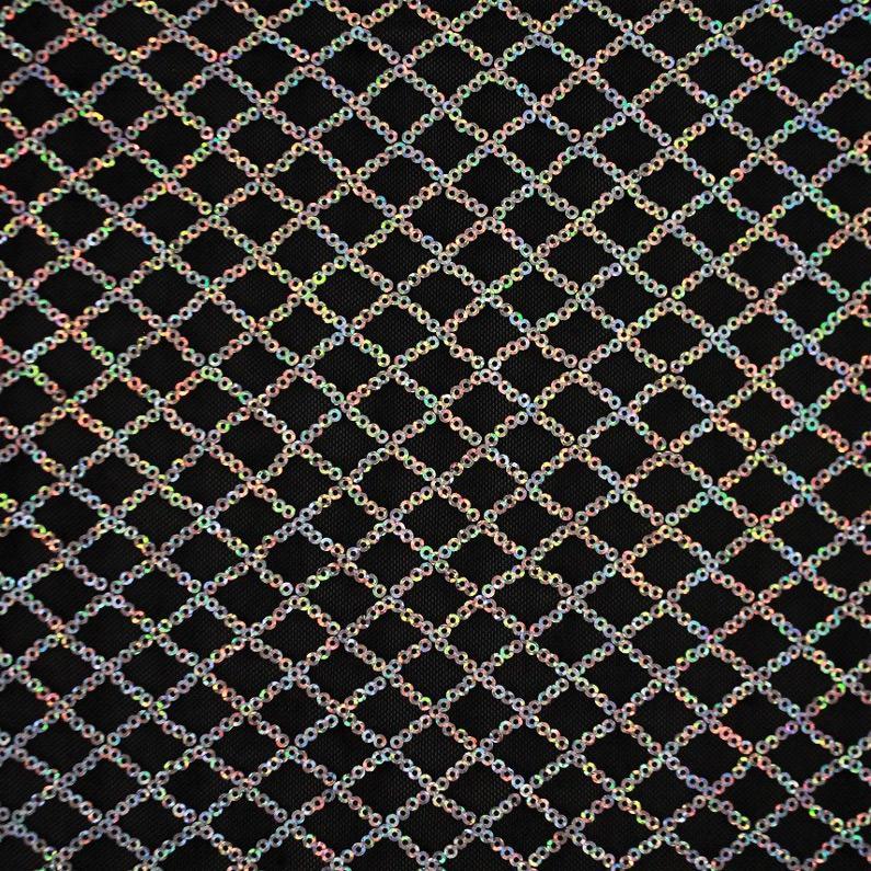 A flat sample of nina stretch mesh sequin in the color black-silver.
