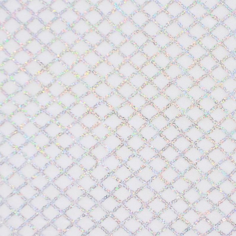 A flat sample of nina stretch mesh sequin in the color white-silver.