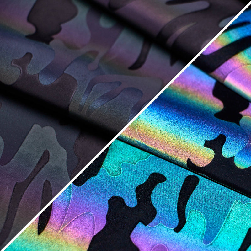Split image of Nocturnal Rainbow Reflective Spandex with a camouflage print.