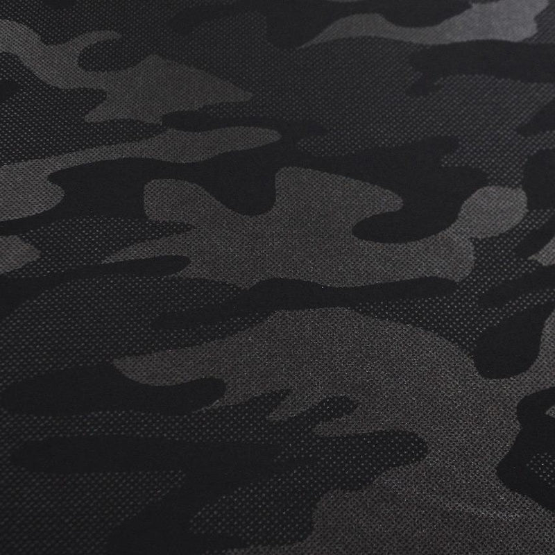 A flat sample of nugi foil printed spandex in the color matte-black.