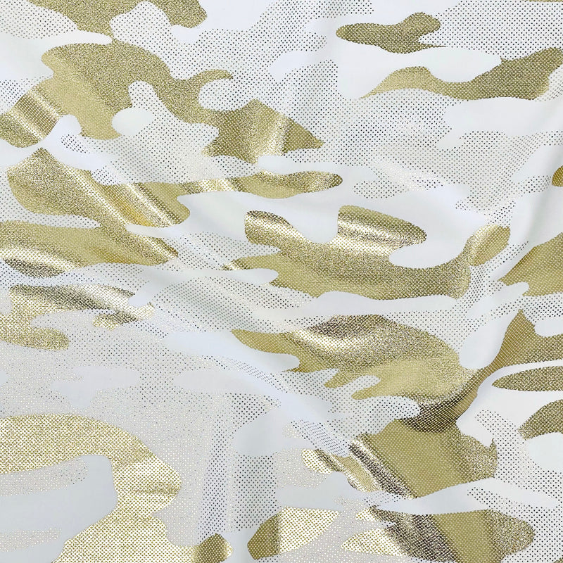 A flat sample of nugi foil printed spandex in the color white-gold.
